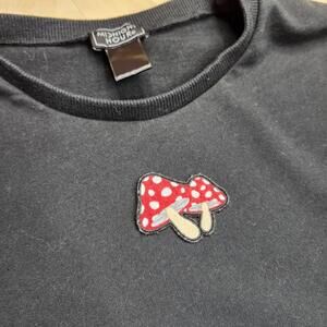 Black Women's Cropped Sweatshirt with Cute Red Mushroom Patch